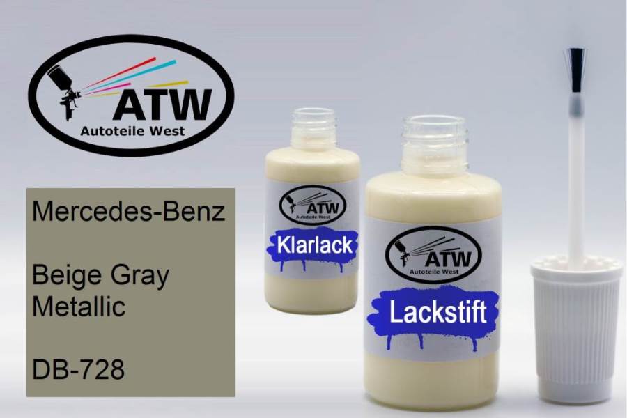 Mercedes-Benz, Beige Gray Metallic, DB-728: 20ml Lackstift + 20ml Klarlack - Set, von ATW Autoteile West.